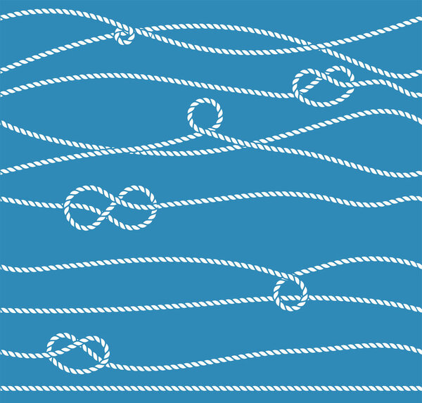 Vector Marine Rope and Knot Seamless Pattern. White rope ornament and nautical knots. For fabric, wallpaper, wrapping. 