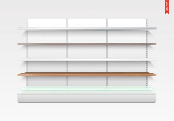 ガラス プラスチック 金属の長い棚 Metak バック背景と分離されたベクトルのセット — ストックベクタ