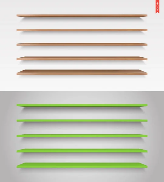 Set Van Glas Hout Plastic Metalen Lange Planken Vector Geïsoleerd — Stockvector