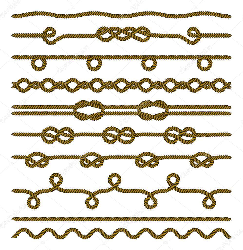 Set of Rope and knots. Decorative elements. Vector illustration collection.