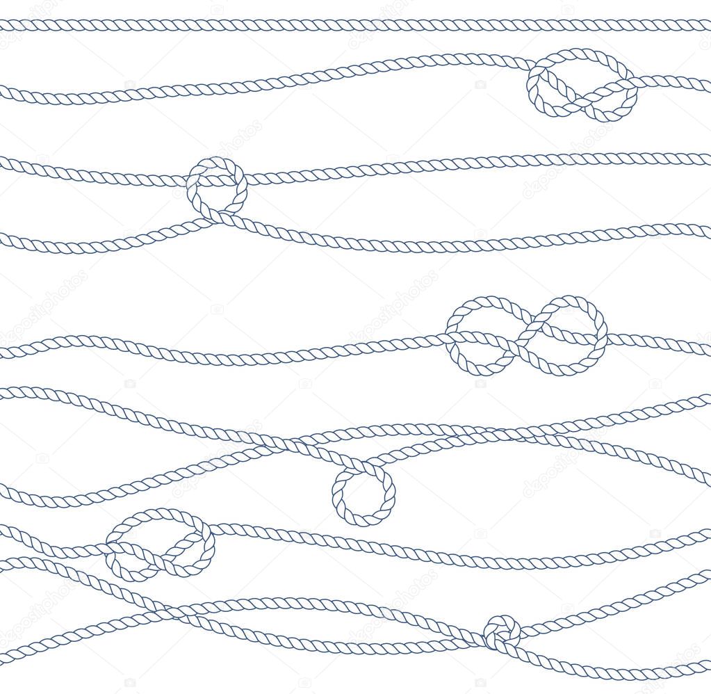 Vector Marine Rope and Knot Seamless Pattern. White rope ornament and nautical knots. For fabric, wallpaper, wrapping. 