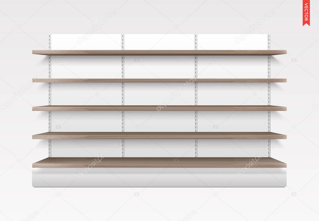 Empty Vector Store Shelves. Wood Material. Showcase Display. Retail Shelf Rack with Back.