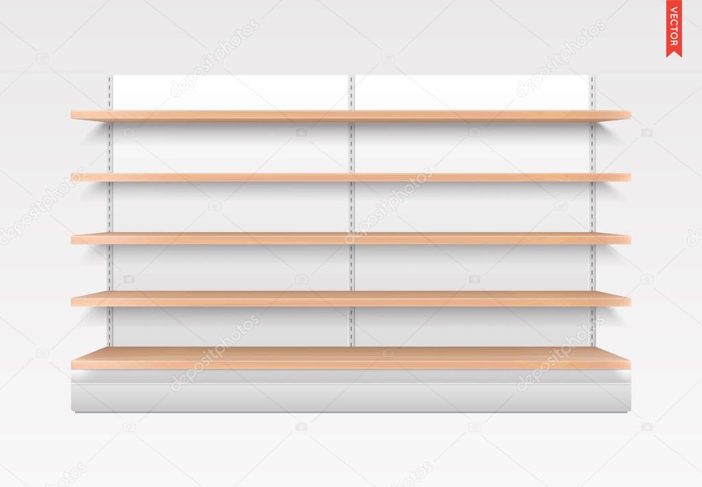 Empty Vector Store Shelves. Wood Material. Showcase Display. Retail Shelf Rack with Back.
