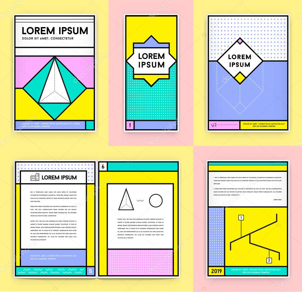 Big Set of Visual identity in Trendy New Fat Line Style Geometric Design in Retro Style with Fresh Old School Colours with Fictitious names and text