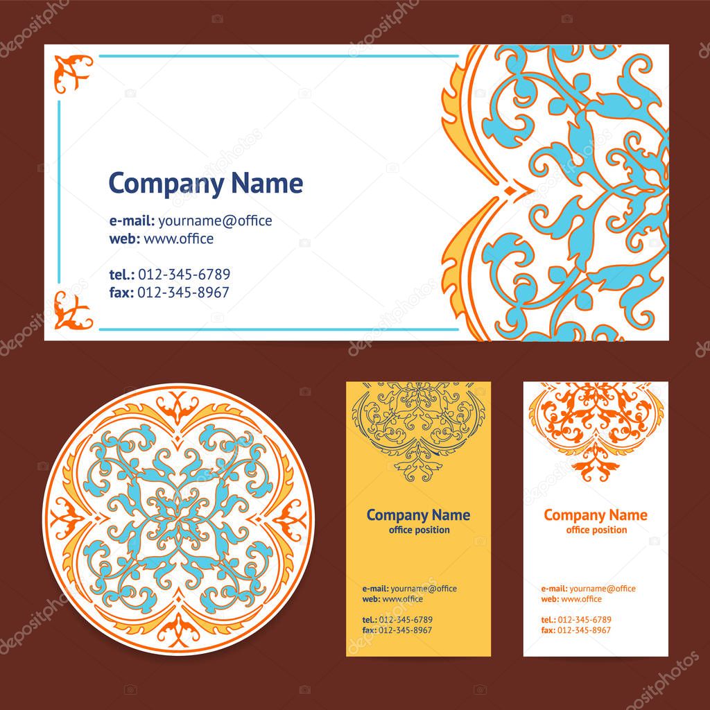 Corporative Business Cards Design Set and Envelope with Beer Mat with Turkish Ornament and Damask Pattern Background