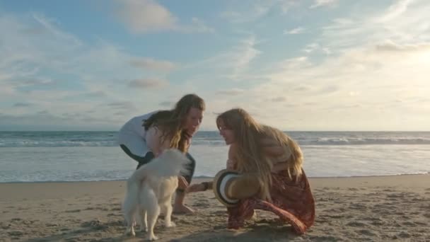Повільний рух матері і дочки-підлітка, що грає зі своїм собакою біля океану — стокове відео