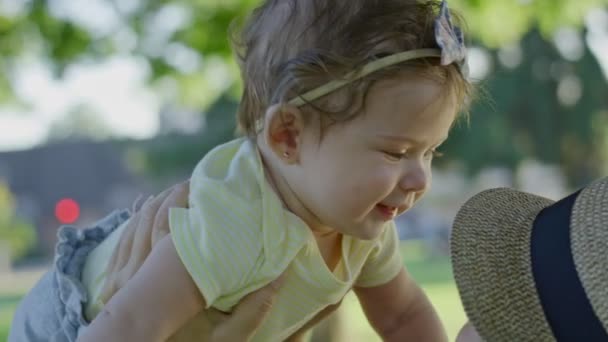 Baby glimlachen als haar moeder houdt haar hoog in het park — Stockvideo