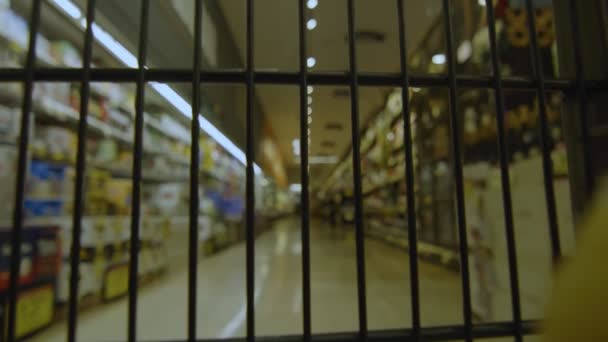 Punto de vista subjetivo desde el interior del carrito del supermercado a medida que se mueve a través de un pasillo — Vídeos de Stock
