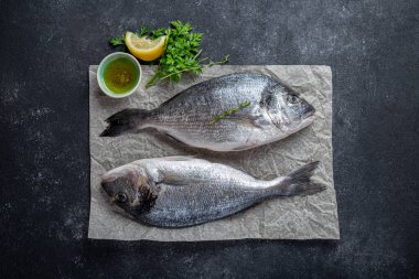 Dorada balığı, limonlu taze deniz çamı ve gri taşlı arka planda bitkiler, üst manzara..