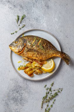 Izgara deniz çerezi ya da gri tabakta dorada. Gri arkaplan