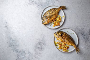 Izgara deniz çerezi ya da gri tabakta dorada. Gri arkaplan