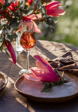 Güzel sofra günbatımı ışığı bahçesinde. Manolya çiçek Manolya ağacının altında tablo süslenmiş