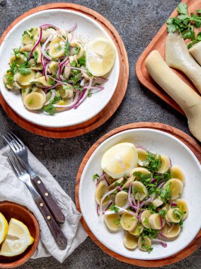 Deniz yosunu Ulte veya Hulte. Şili usulü salata ceviche, mor soğan, kişniş ve limon suyu. Pasifik yenilebilir yosun.