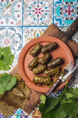 Latin American Mexican Chilean cuisine. Ninos envueltos. Grape leaves stuffed wish meat on clay plate clipart