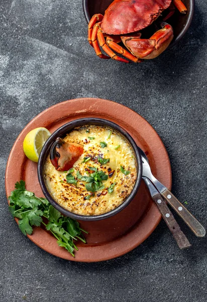 CHILEAN FOOD.  Baked crabmeat crab meat with cheese, cream and bread.  Traditional dish of chilean coast. Pastel o chupe de jaiba