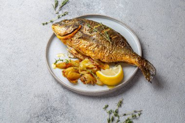 Izgara deniz çerezi ya da gri tabakta dorada. Gri arkaplan.