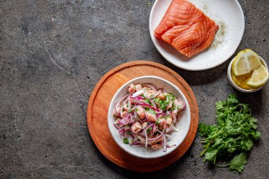 Şili Salmon Ceviche. Mor soğanlı taze çiğ somon, limon suyunda kişniş. Gri arka planda Sebiche ve malzemeler. Üst görünüm.