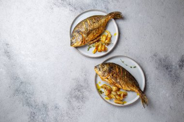 Izgara deniz çerezi ya da gri tabakta dorada. Gri arkaplan