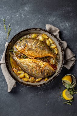 Koyu arkaplanda soğan ve otlarla pişirilmiş deniz mahsulü veya dorada..