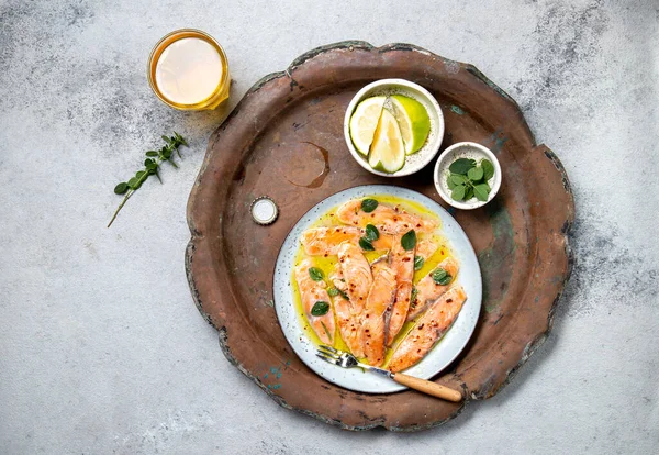 Latin American Italian Dish Crudo Salmon Raw Salmon Fish Platter — Stock Photo, Image