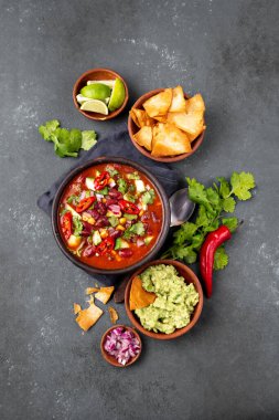 Meksika yemeği kavramı. Fasulye çorbası, guacamole ve nachos totopos. Üst görünüm.