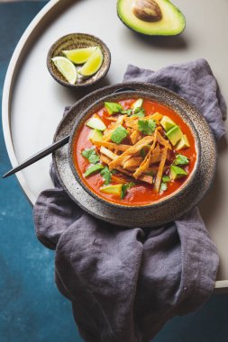 Meksika usulü baharatlı aztek çorbası ve kızarmış tortilla. Sopa azteca.