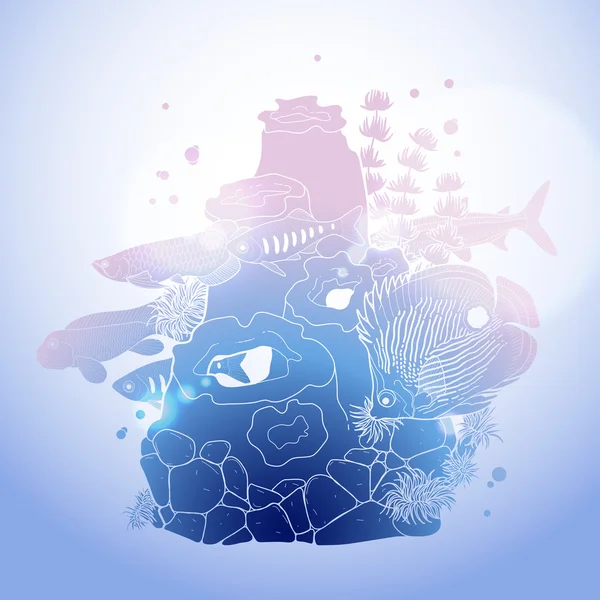 Acuario gráfico de peces con arrecife de coral — Vector de stock