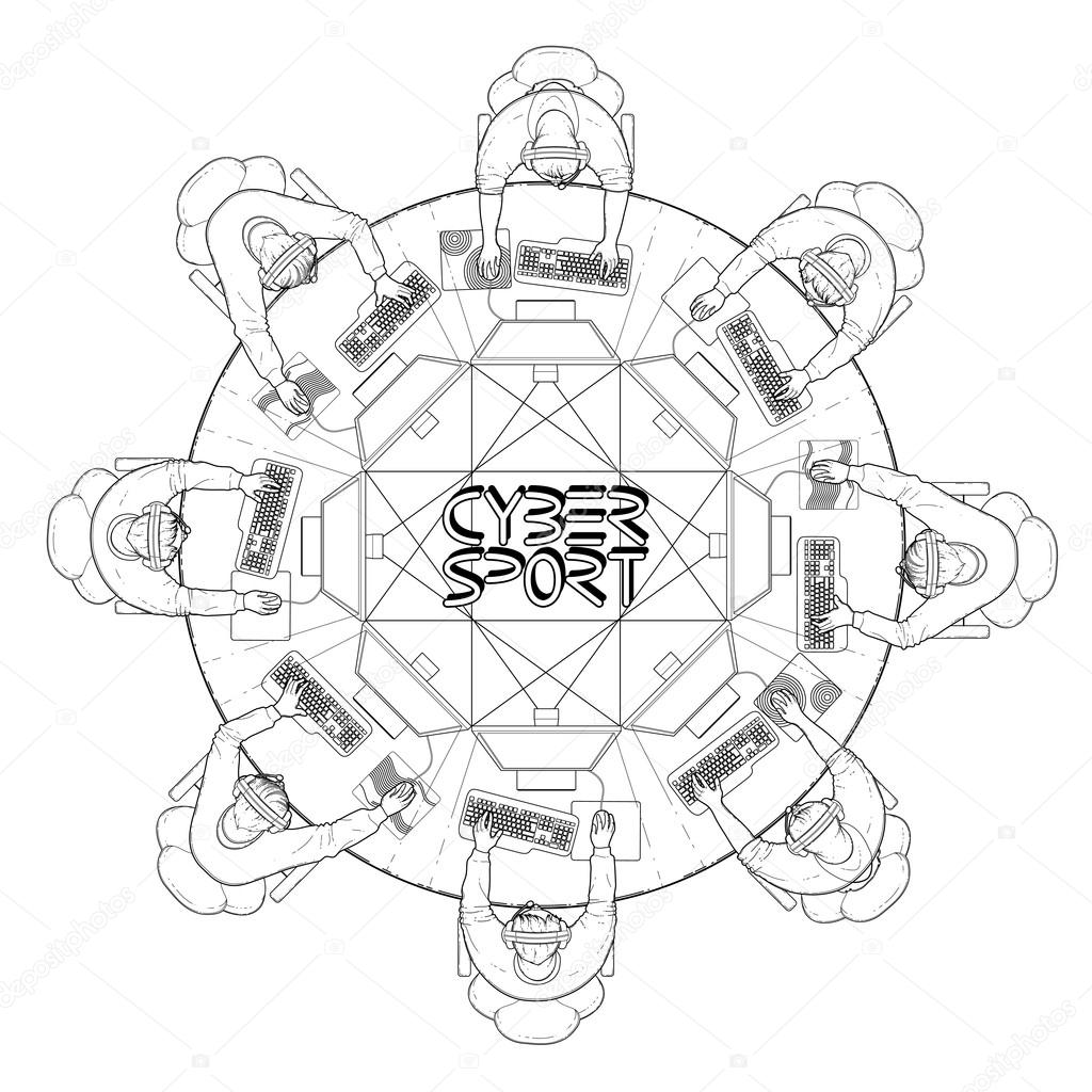 Nove giocatori seduti al tavolo davanti al puter Vista dall alto Partecipanti di vettore di cyber sport torneo Disegno di pagina di libro da colorare