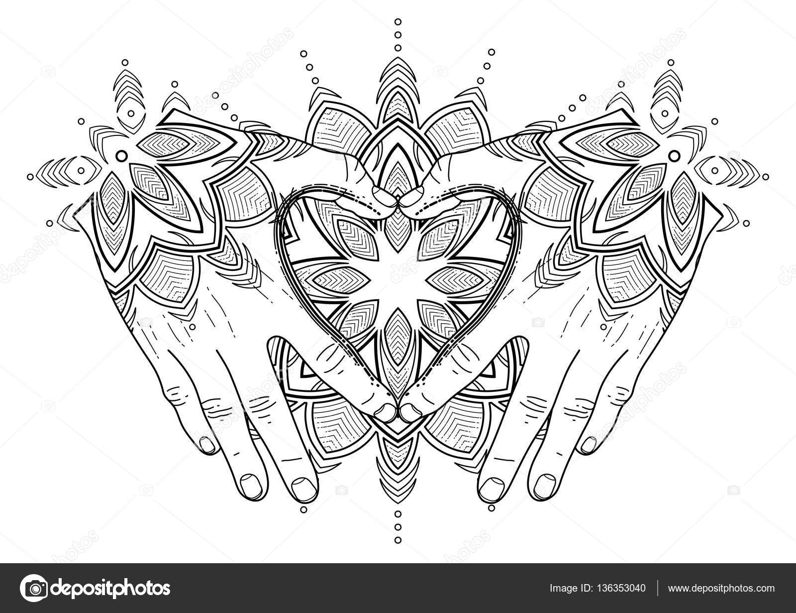 Grafiche mani piegate a forma di cuore Mehndi isolato su sfondo bianco Disegno di pagina di libro da colorare per adulti e bambini