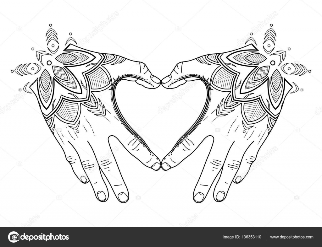 Grafiche mani piegate a forma di cuore Mehndi isolato su sfondo bianco Disegno di pagina di libro da colorare per adulti e bambini