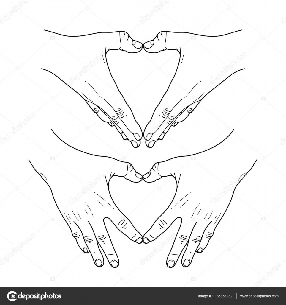 Grafiche mani piegate a forma di cuore Illustrazione isolato su sfondo bianco Disegno di pagina di libro da colorare per adulti e bambini