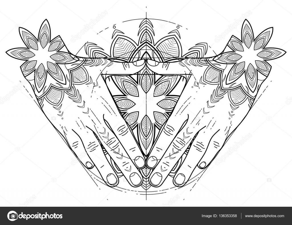 Grafiche mani piegate a forma di triangolo Geometria sacra Arte del tatuaggio Disegno di pagina di libro da colorare per adulti e bambini — Vettoriali di