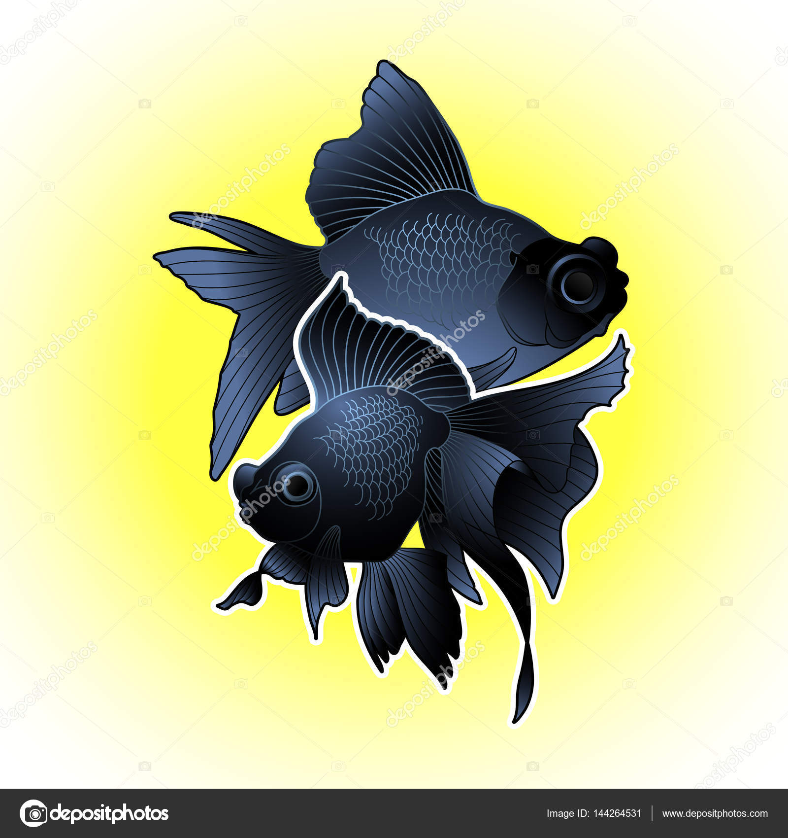 Grafico coppia di pesce telescopio isolato su sfondo giallo brillante Creatura d acqua dolce di vettore T shirt stampa o disegno del tatuaggio