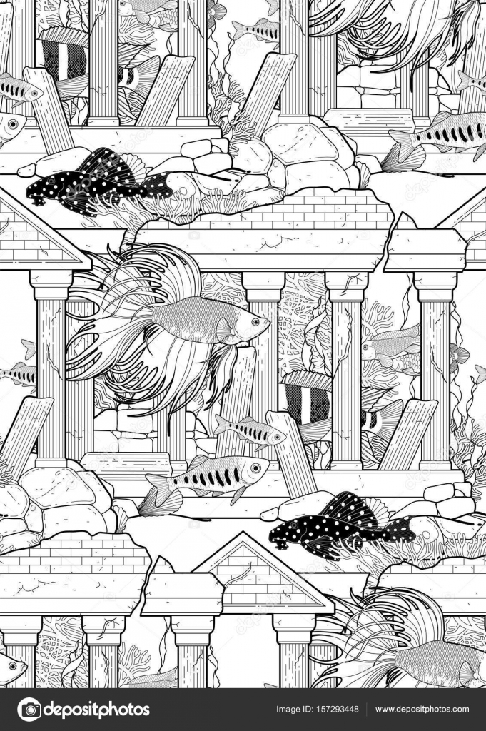 Pesci d acquario grafico con scultura architettonica disegnata nella linea stile di arte Reticolo senza giunte Disegno di pagina di libro da colorare per