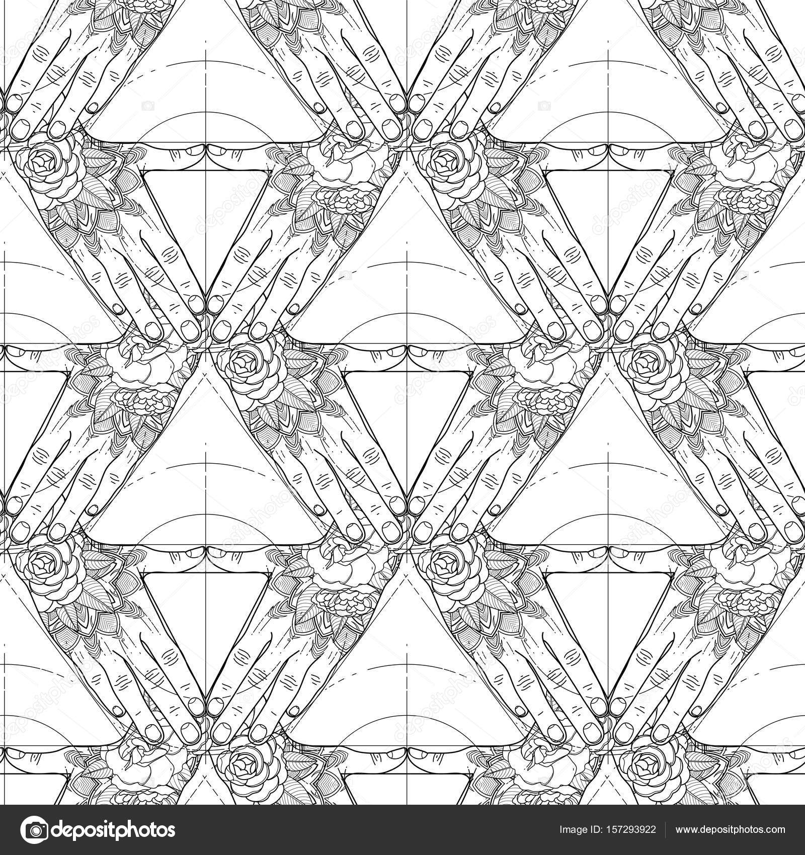 Grafica tatuato le mani piegate a forma di triangolo Geometria sacra Disegno di pagina di libro da colorare per adulti e bambini — Vettoriali di