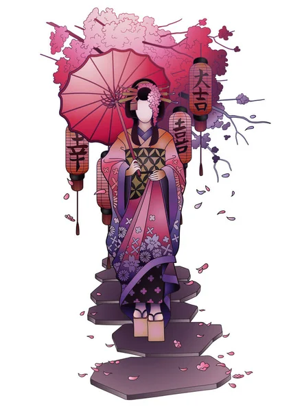 Grafische Geisha mit Regenschirm — Stockvektor