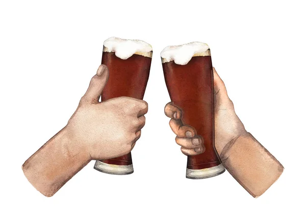 Ακουαρέλα χέρια με γυαλιά μπύρας — Φωτογραφία Αρχείου
