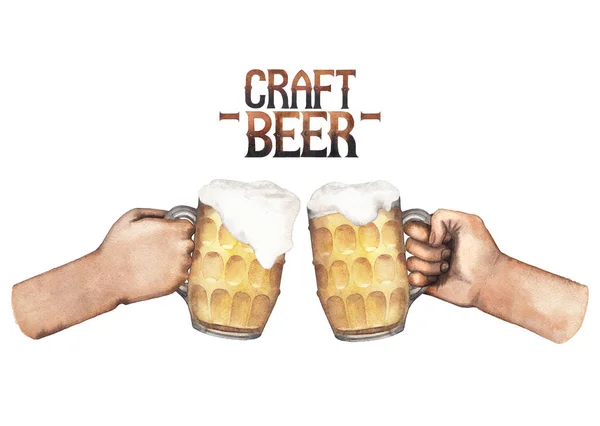 Aquarel handen met mokken van bier — Stockfoto