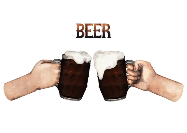 Watercolor hands with mugs of beer — Stock Photo, Image