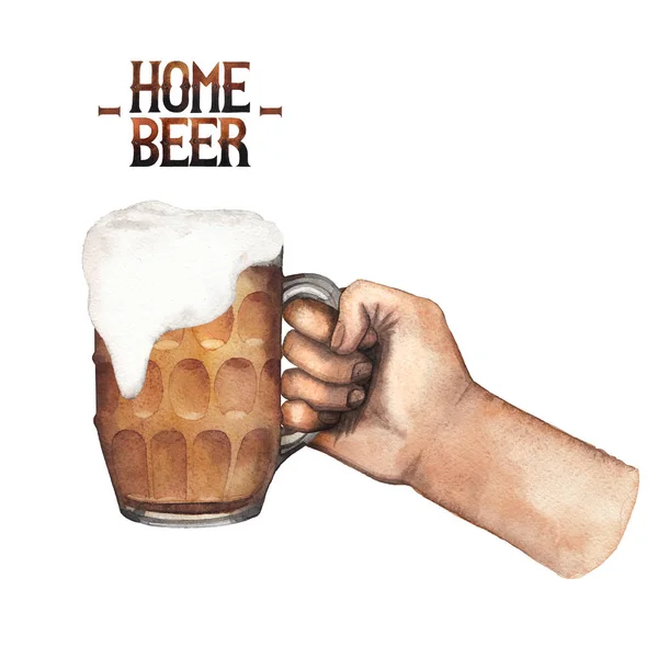 Акварельна рука з чашкою пива — стокове фото