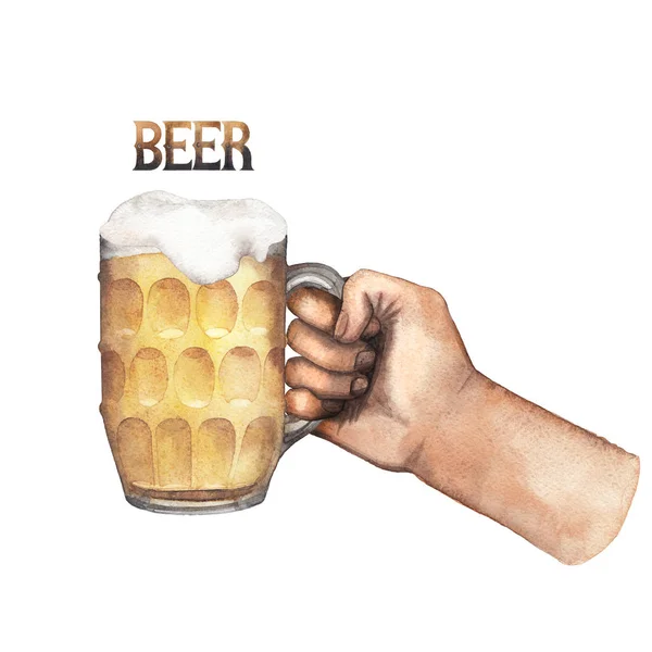 Watercolor hand with mug of beer — Stock Photo, Image