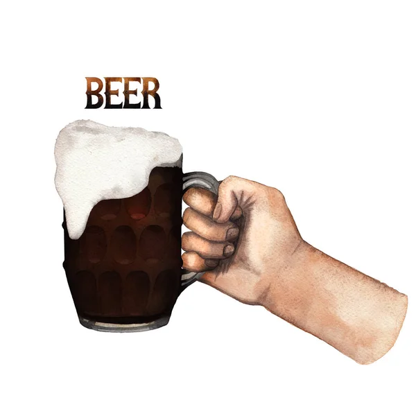 Akvarelu ruka s džbánek piva — Stock fotografie