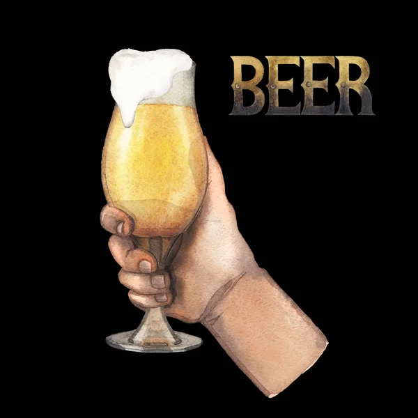 Aquarell-Hand mit Glas Bier — Stockfoto