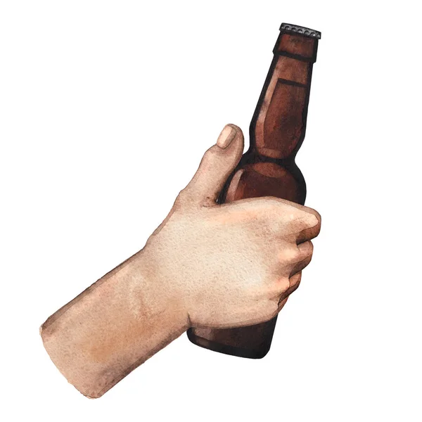 Watercolor hand with beer bottle — Stock Photo, Image