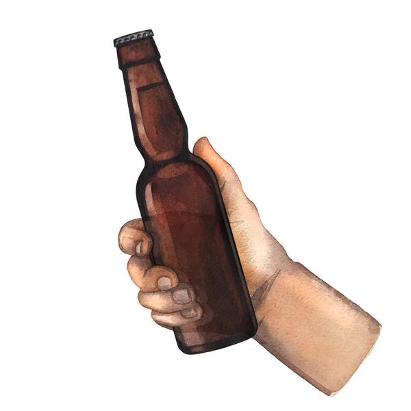 Mano acquerello con bottiglia di birra — Foto Stock