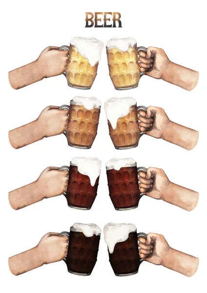 Watercolor hands with mugs of beer — Stock Photo, Image