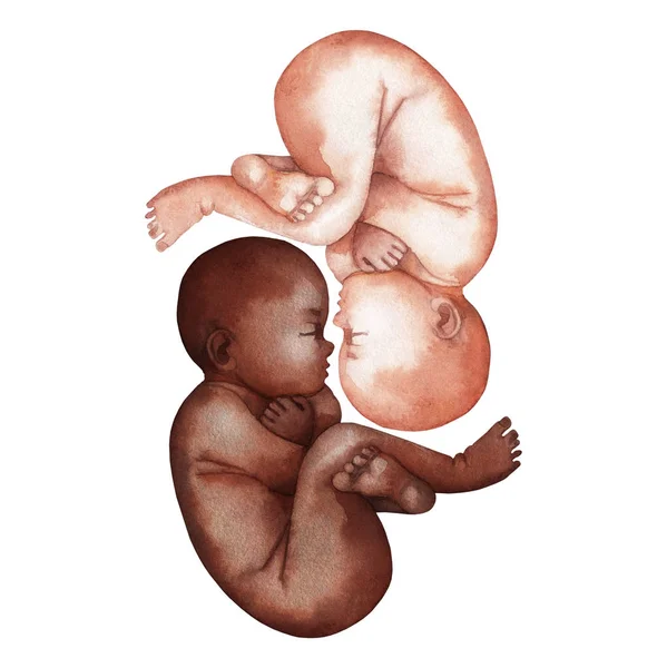 Bebês afro-americanos e caucasianos aquarela — Fotografia de Stock
