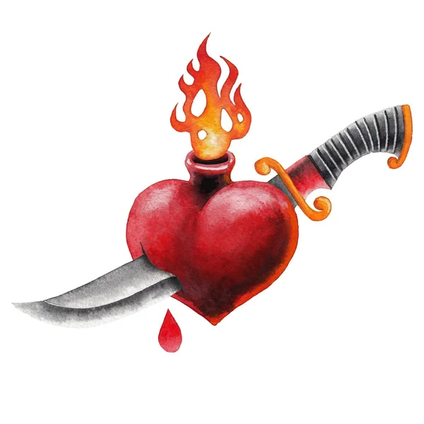 Akvarell brinnande hjärtan och kniv. — Stockfoto