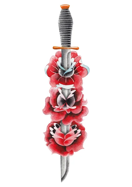 Aquarel bloemen doorboord door het mes — Stockfoto
