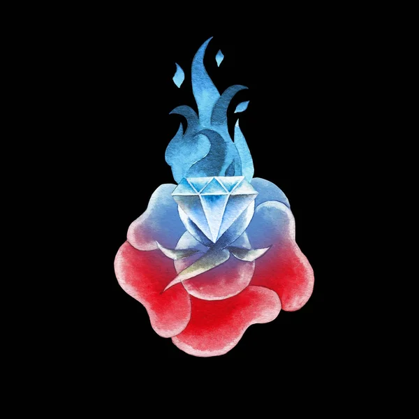 Watercolor flower and flaming gem — Stock Photo, Image